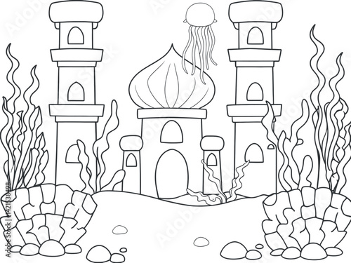 Underwater castle coloring page with seaweed and jellyfish