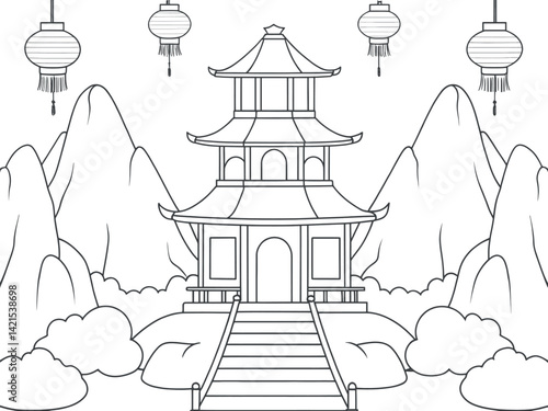 Black and white illustration of a serene Asian temple nestled in mountains