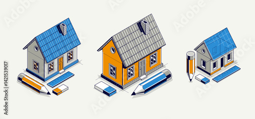 Cottage house for rest project concept set, 3D isometric vector illustration of a small house building project, countryside small house cabin in village or nature.