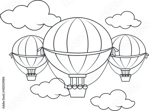 Three whimsical hot air balloons floating amongst clouds, perfect for coloring.