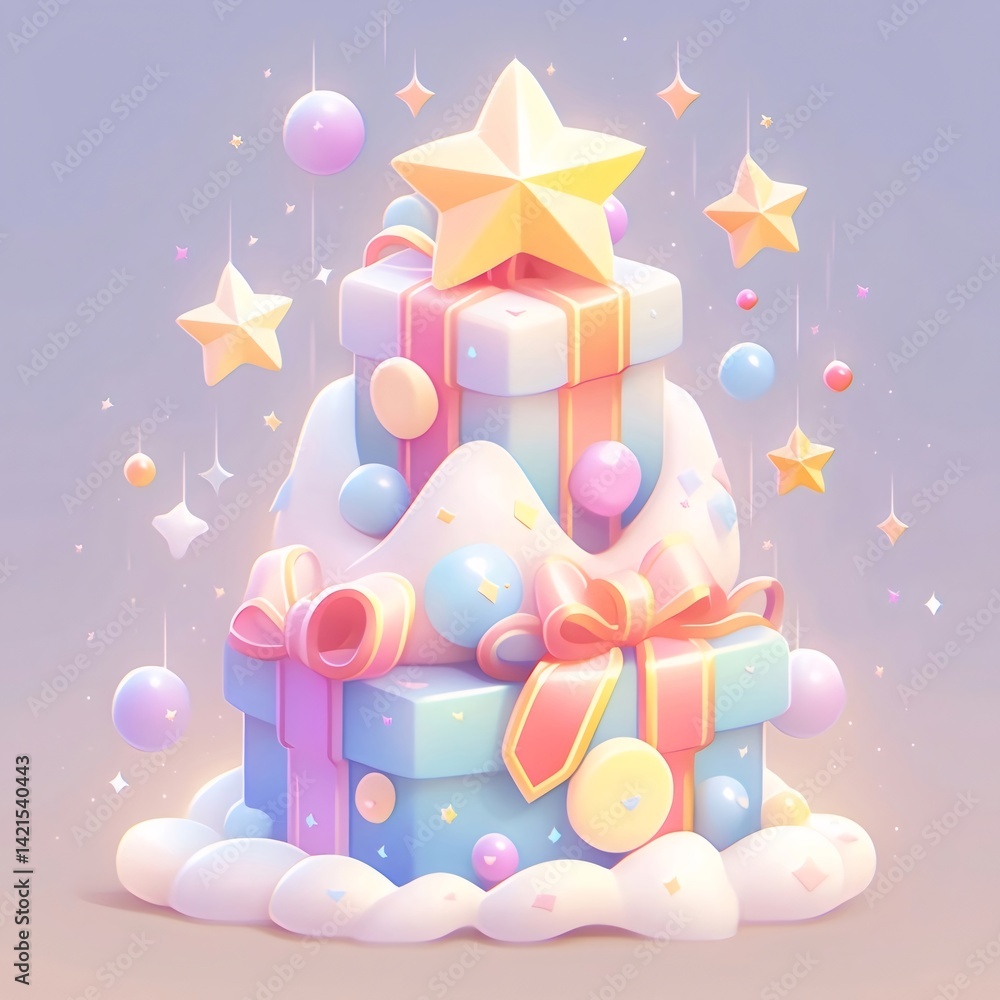 パステルカラーのクリスマスツリー ギフトボックス 星飾りとリボン装飾が施されたイラスト 背景が柔らかい光で輝くお祝いのシーン パステルカラーのクリスマスツリー ギフトボックス 星飾りとリボン装飾が施されたイラスト 背景が柔らかい光で輝くお祝いのシーン