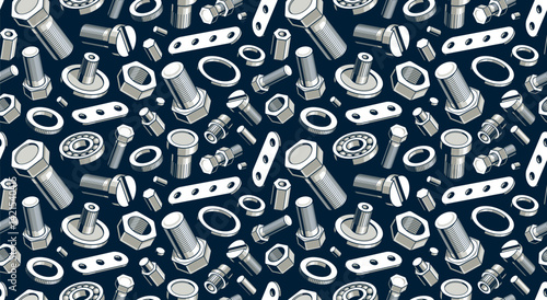 Bolts and nuts seamless background, repair and maintenance workshop tiling wallpaper, mechanic technics service endless pattern, elements easy to use separately.