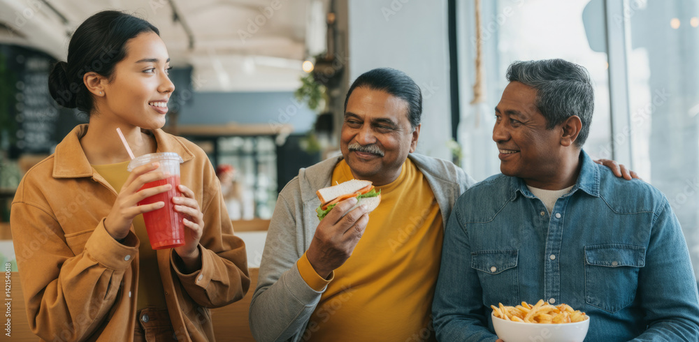 Obraz premium Young hispanic female and mature male friends enjoying snacks and drinks in a cafe