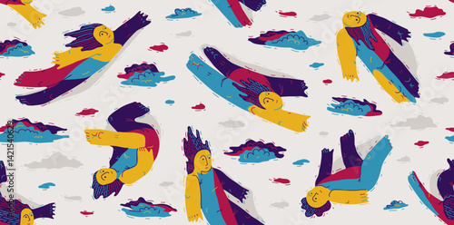 Dreamers conceptual seamless background, illustrative vector people flying among the clouds, freedom of imagination relaxed levitation, tranquil and hypnotic emotions.