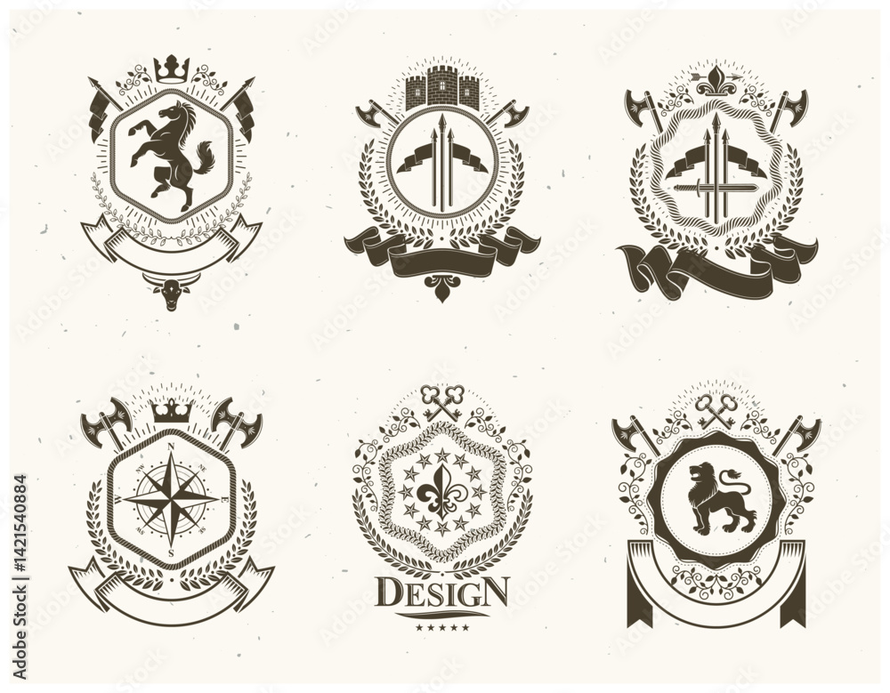 Obraz premium Vintage award designs, vintage heraldic Coat of Arms. Vector emblems. Vintage design elements collection.