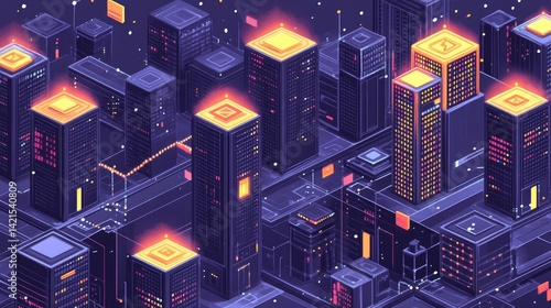 Futuristic city skyline, illuminated by glowing tech, isometric view