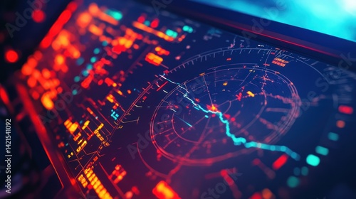Digital radar screen displaying complex data analysis and dynamic charts