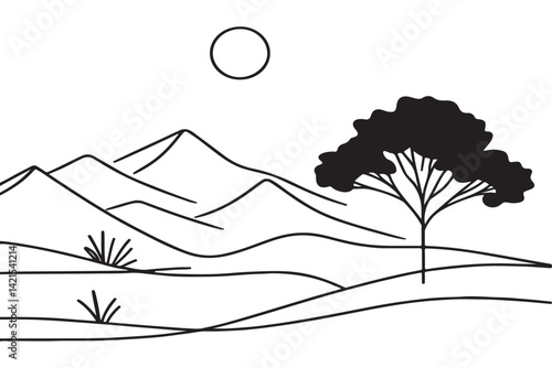 Serene Desert Landscape Silhouette Under the Sun Vector Illustration