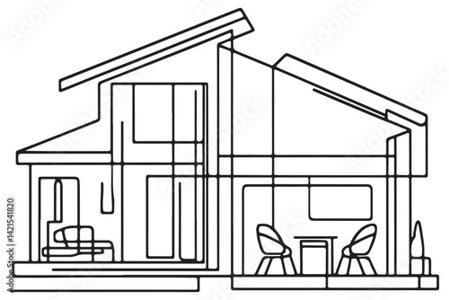 Modern Home Interior Single Line Art Architecture Design Illustration
