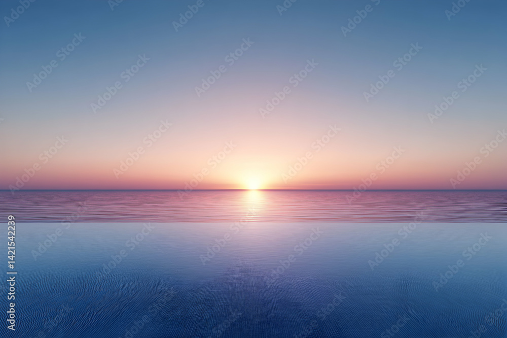 Obraz premium Serene sunset over tranquil ocean reflecting in infinity pool. Perfect for travel, vacation, or relaxation themes.
