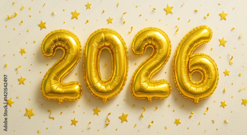 Festive Celebration: A Glimmering Display of Golden 2026 Balloons Surrounded by Dazzling Stars on a Bright Background. Happy New Year 2026. Festive Celebration: A Glimmering Display of Golden 2026 Balloons Surrounded by Dazzling Stars on a Bright Background. Happy New Year 2026.