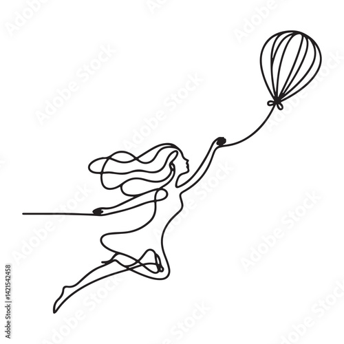 Floating Away A Continuous Line Drawing of Girl With Balloon