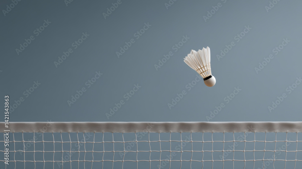 shuttlecock is frozen mid air above net, showcasing dynamic moment in badminton game. isolated action captures excitement and precision of sport