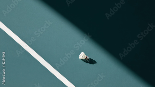 Obraz na płótnie shuttlecock rests on badminton court, casting shadow on green surface, highlighting moment after missed return. scene captures essence of game w salonie
