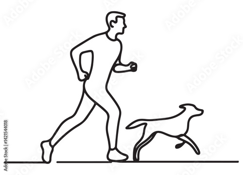 Man Running with Dog Continuous Line Art Style Illustration