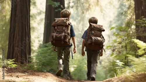 Two Backpackers Embark: Capture a serene scene as two backpackers journey through a tranquil forest, their backs turned toward the viewer.