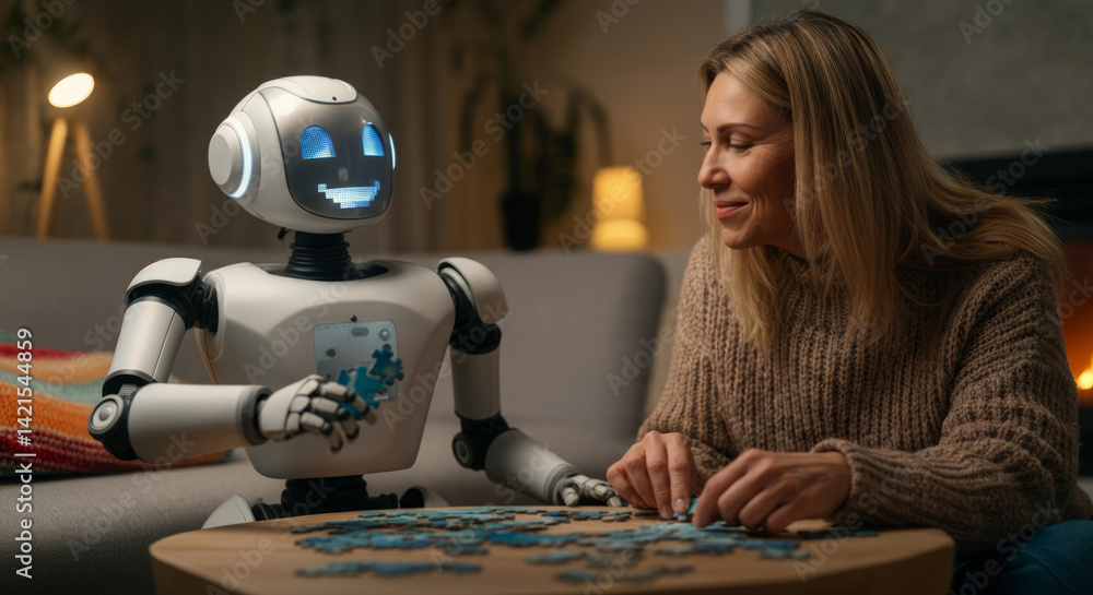 Fototapeta premium Female adult caucasian human and smiling robot sharing puzzle time in cozy room