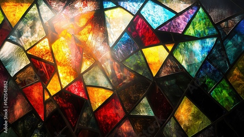 abstract stained glass window design, colorful fragments, light streaming through patterns 