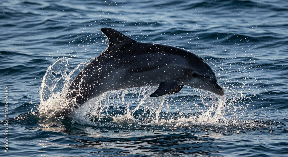 Fototapeta premium Dolphin Jumping out of Water Sparkling in Sunlight