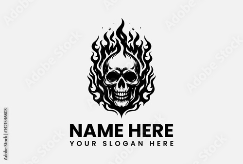 Tribal-style skull with integrated flame patterns, cultural logo template for tattoo parlors and apparel brands
