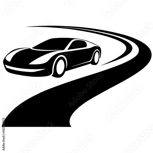 A sleek sports car speeding on a winding road, on a white background.