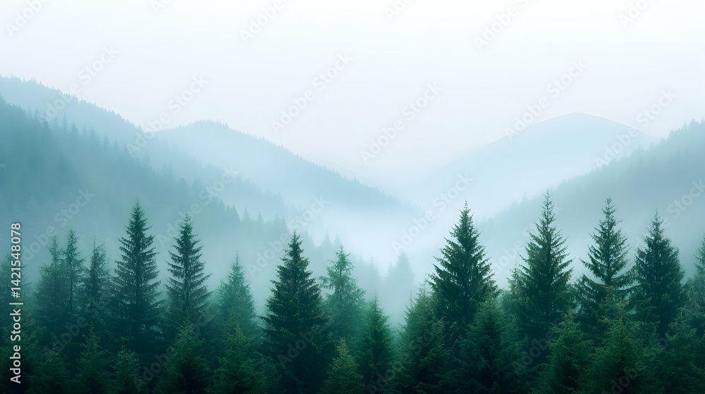 Misty Mountain Forest Landscape with Green Trees Misty Mountain Forest Landscape with Green Trees