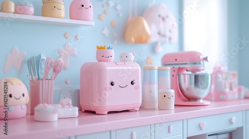Cute pastel kitchen setup with cheerful appliances and decorative items in a whimsical aesthetic