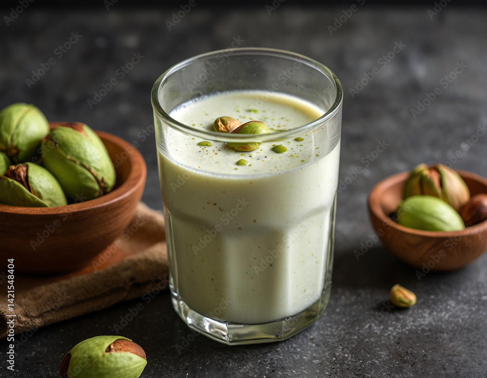 Pistachio milk in a glass. Created using generative AI tools Pistachio milk in a glass. Created using generative AI tools