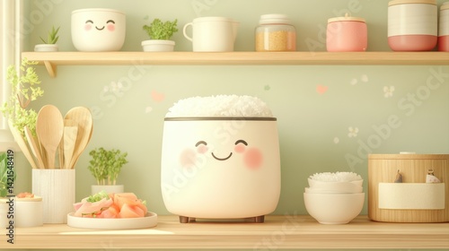 Wallpaper Mural Cute smiling rice cooker with rice and colorful ingredients in a cozy kitchen setting filled with joy Torontodigital.ca