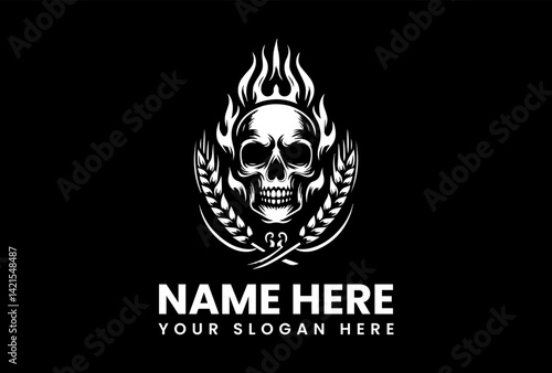 Tribal-style skull with integrated flame patterns, cultural logo template for tattoo parlors and apparel brands
