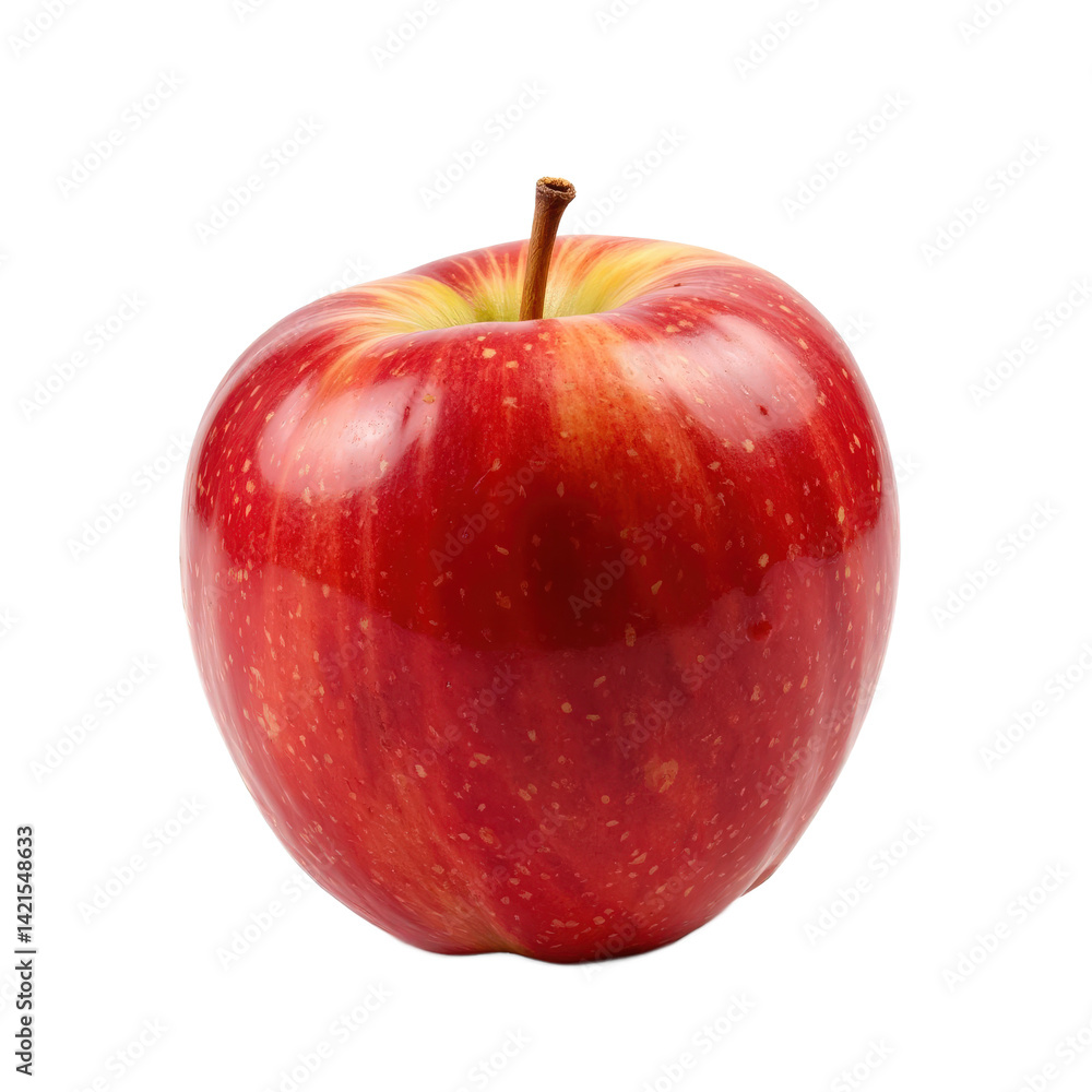 A fresh, vibrant red apple with a small stem, perfect for any fruit bowl or snack. A fresh, vibrant red apple with a small stem, perfect for any fruit bowl or snack.