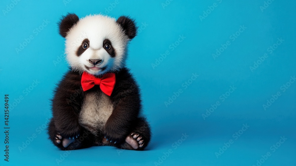Fototapeta premium A cute baby panda wearing a red bow tie