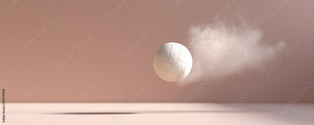 volleyball is captured mid air, creating dynamic scene with cloud of sand trailing behind it, showcasing motion and energy. soft background enhances focus on ball movement