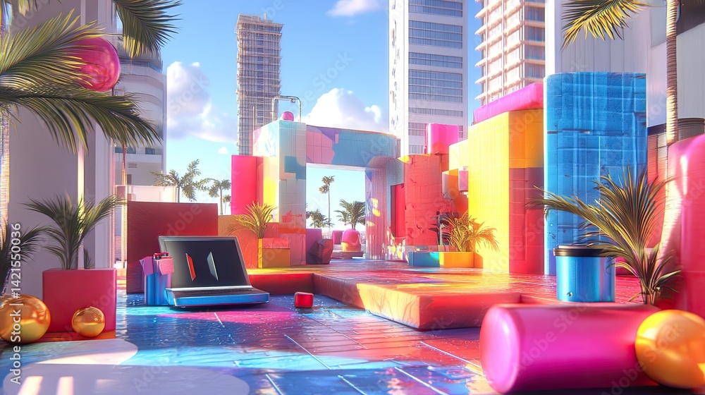 Vibrant urban outdoor space with colorful geometric shapes, plants, and modern furniture