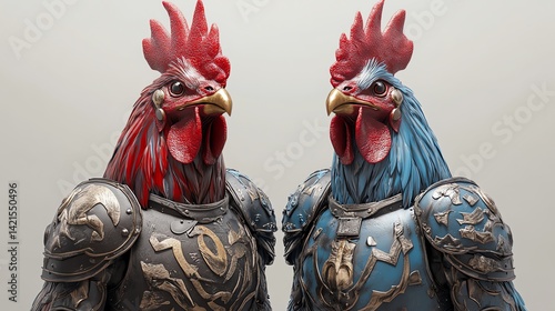 Two majestic roosters, adorned in ancient armor, face each other in a captivating 3D-rendered image. Their regal bearing commands attention.
