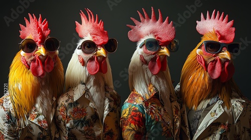 Wallpaper Mural Four Roosters in Sunglasses and Hawaiian Shirts, a Stylish Avian Ensemble Torontodigital.ca