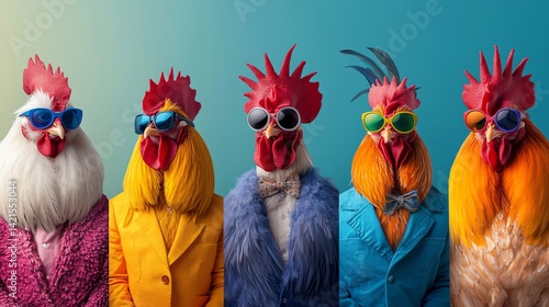 Four dapper roosters, in vibrant suits and sunglasses, strike stylish poses against a teal backdrop. A fun, fashionable fowl lineup.