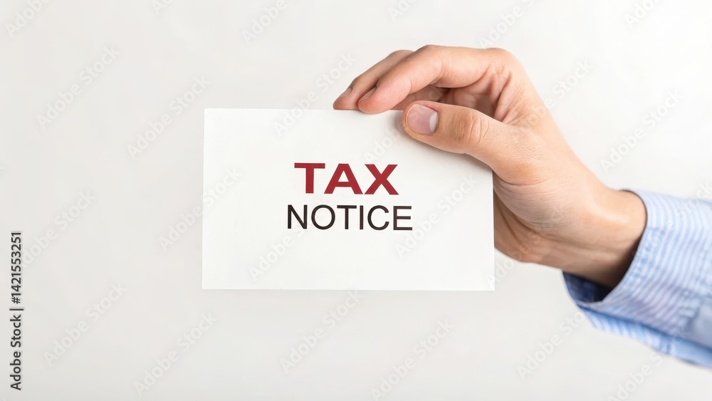 Hand holding a tax notice card with bold text. Hand holding a tax notice card with bold text.