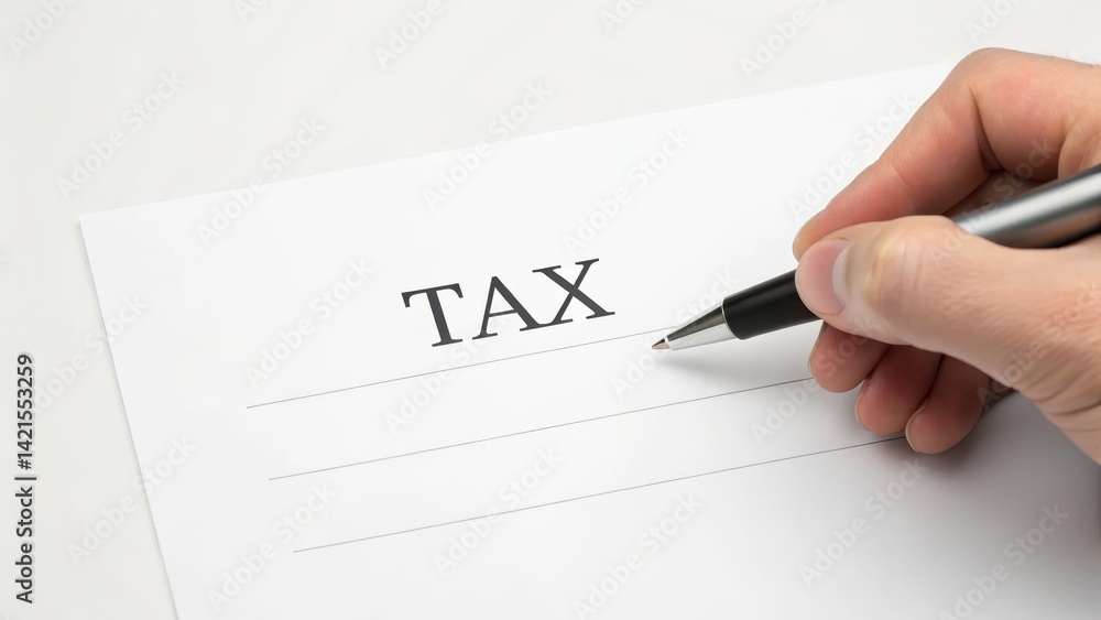 Tax form being filled out with a pen in hand. Tax form being filled out with a pen in hand.