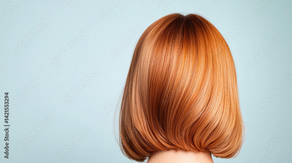Naklejka premium vibrant, smooth bob hairstyle showcases rich, warm orange color against soft blue background, creating striking contrast that evokes sense of modern elegance and style