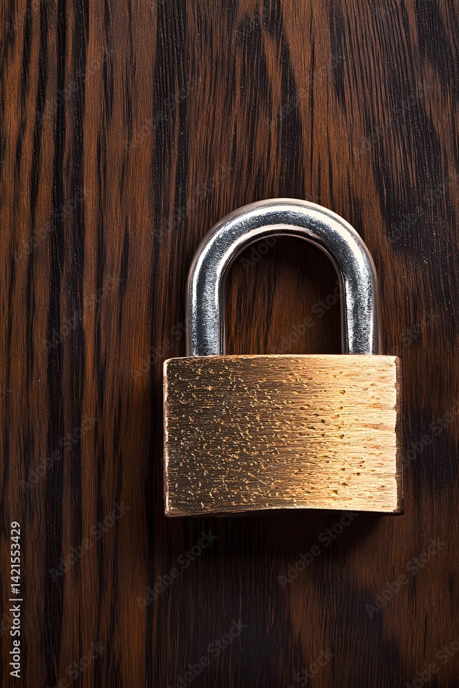 Fototapeta premium Brass Padlock on Dark Wood Background Security Concept