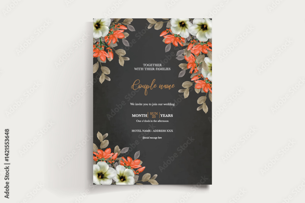 Obraz premium WEDDING INVITATION FRAME WITH FLOWER DECORATIONS AND FRESH LEAVES
