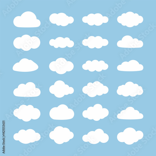 Set of Cloud Icons – Flat White Cloud Shapes on Blue Background