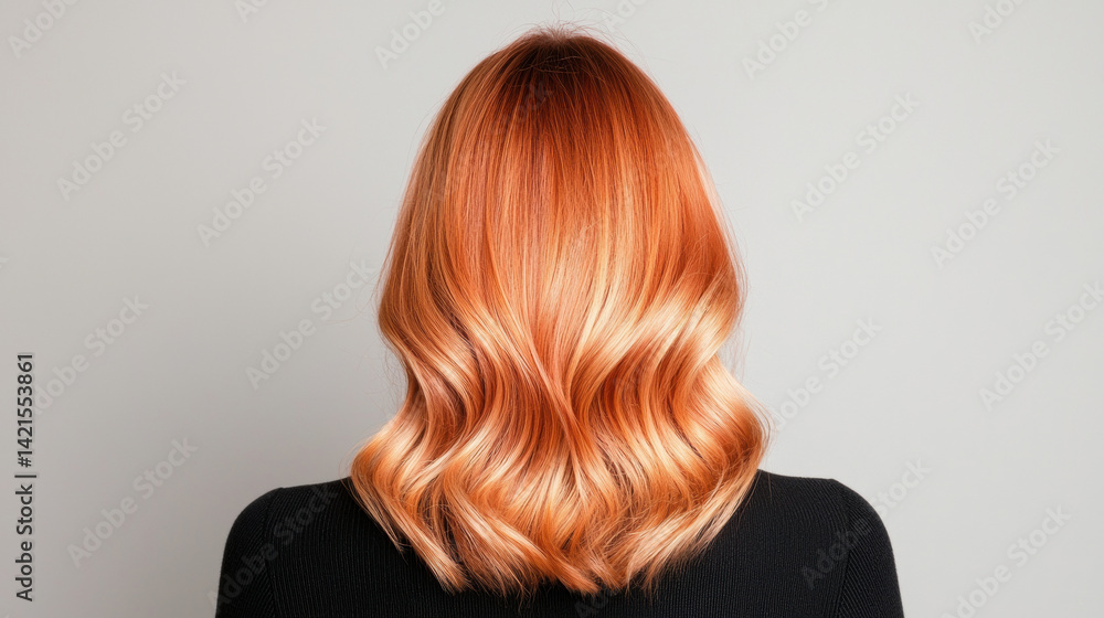 Fototapeta premium vibrant hairstyle featuring soft copper tones with rich gradient ombre effect, showcasing beautiful waves and glossy finish. hair flows elegantly, creating stunning visual appeal