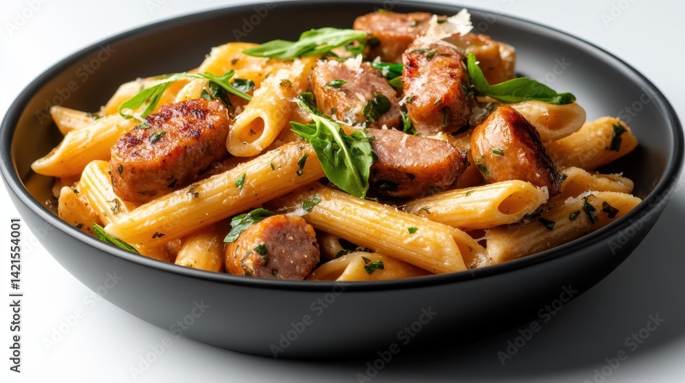This sumptuous pasta dish features cooked sausage and aromatic herbs served in an elegant bowl, highlighting the rich textures and colors of appetizing Italian cuisine. This sumptuous pasta dish features cooked sausage and aromatic herbs served in an elegant bowl, highlighting the rich textures and colors of appetizing Italian cuisine.