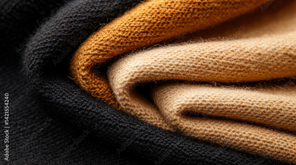 Fototapeta premium Soft woolen fabric in rich colors, featuring gradient of dark espresso, warm gold, and light beige. textures create cozy and inviting feel, perfect for autumn fashion