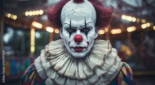 Creepy clown in vintage carnival setting with intense stare and colorful costume at night