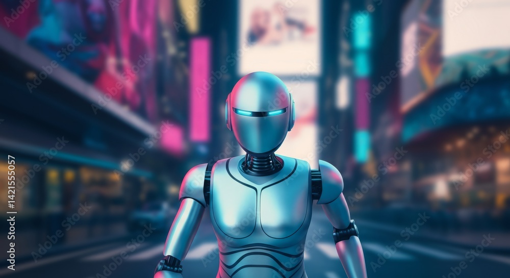 Futuristic robot in neon-lit urban environment Futuristic robot in neon-lit urban environment