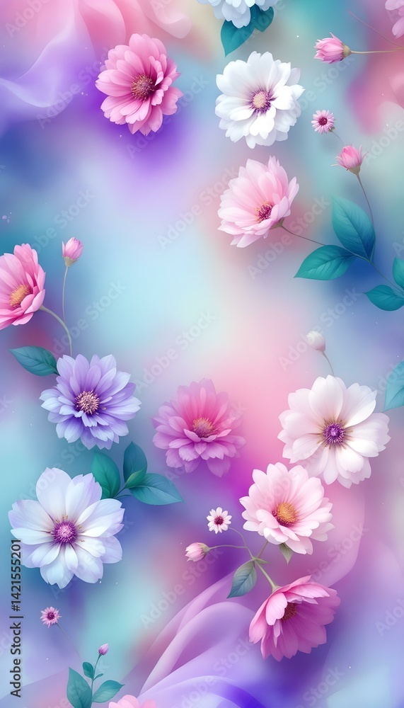 Delicate watercolor-style floral design with soft pastel tones of pale pink, lavender, and mint green, seamlessly repeating, creating a peaceful, feminine background perfect for your phone.
