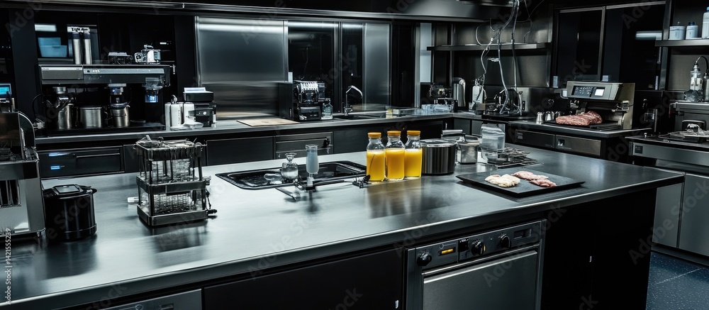 Sleek, modern kitchen with stainless steel countertops, professional appliances, and prepared food
